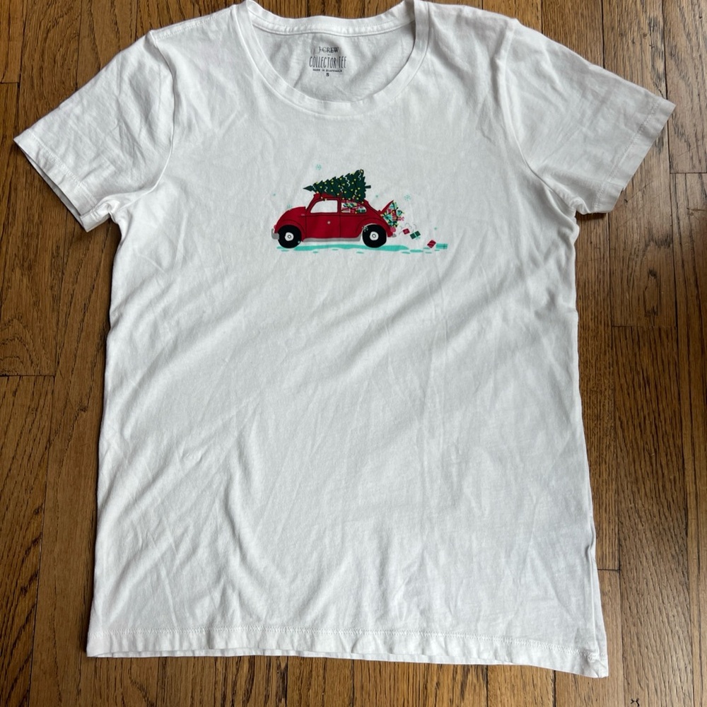 J. Crew White T-Shirt with Red Car and Green Tree Design, size small